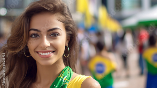 young adult brazilian captivating beautiful woman, soccer event or in front of a soccer stadium, with the colors of brazil, tan long hair photo