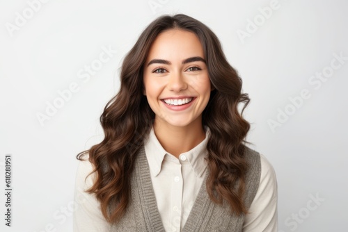 Portrait of happy smiling young beautiful brunette woman, over white background