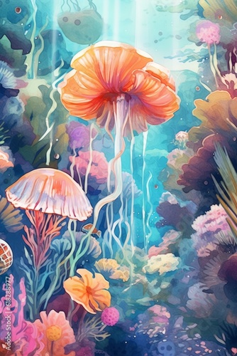 Watercolor whimsical underwater world with sea creat. AI generated © Olive Studio