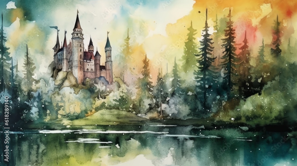 Watercolorn enchanted forest with a castle. AI generated