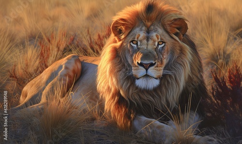  a lion laying down in a field of tall brown grass.  generative ai