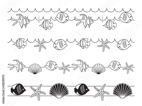 decorative seamless borders for summer holidays - vector fishes and seashells and starfish