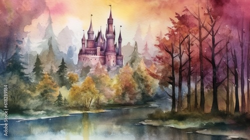Watercolorn enchanted forest with a castle. AI generated