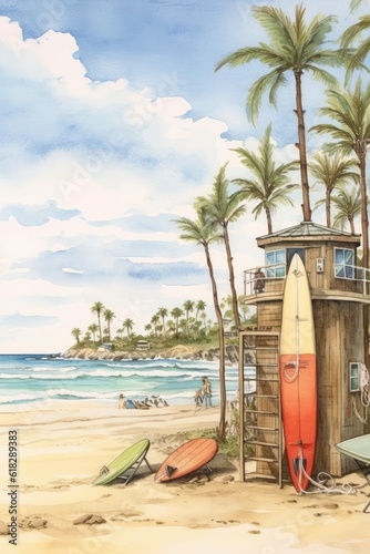 Watercolorn idyllic beach scene with lifeguards. AI generated © Olive Studio