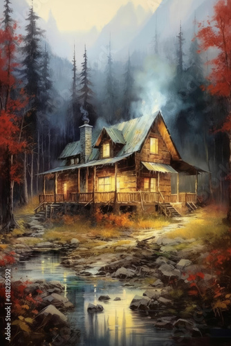 Watercolorn idyllic mountain cabin with a fire lit. AI generated