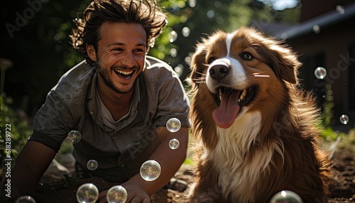 A man is playing with bubbles with his dog