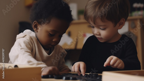 Generative AI, children, boys and girls of different nationalities play together, friendship of peoples, Europeans, African Americans, Indians, Asians, Chinese, kindergarten, diversity