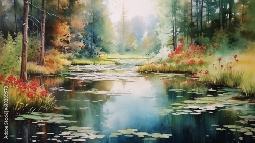 Watercolor peaceful pond surrounded by trees. AI generated