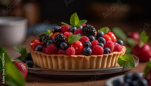 Fresh berry tart with mint leaf decoration generated by AI