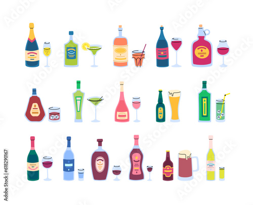 Vector alcohol drink bottles and glasses set. Doodle different glass bottles and glasses filled with different beverages with diverse labels. Vodka, whiskey, rum, beer and wine types. Mojito, tequila