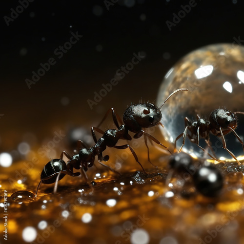 Black ants eating honey drop. Concept of teamwork or hardworking or unity. Generative AI © zaschnaus