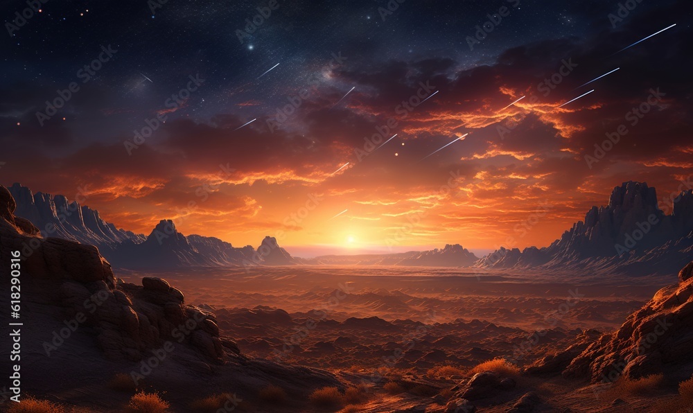  a painting of a sunset in a desert with mountains and stars in the sky.  generative ai