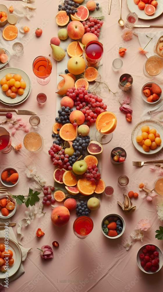 A long table with plates of fruit on it. Generative AI.