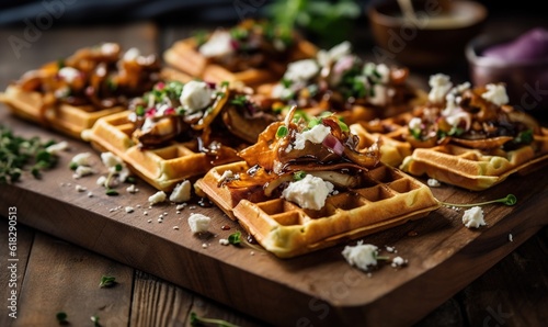  a wooden cutting board topped with waffles covered in toppings.  generative ai
