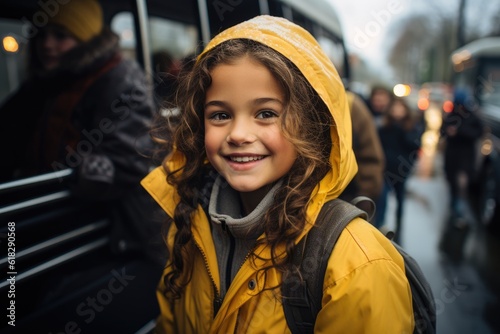 The exact moment a young girl boards her school bus for the first time. Generative AI