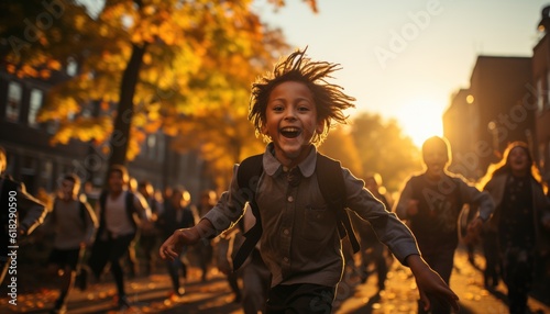 Photo of a schoolyard full of children and a little boy running around during recess. Generative AI