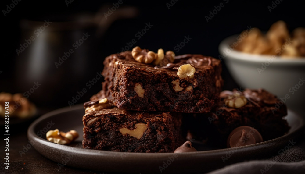 Stack of homemade brownies, fudge, and cookies generated by AI Stack of homemade brownies, fudge, and cookies generated by AI