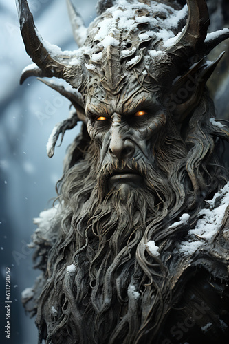 A close up of a statue of a horned man. Generative AI. Winter devil character. © tilialucida