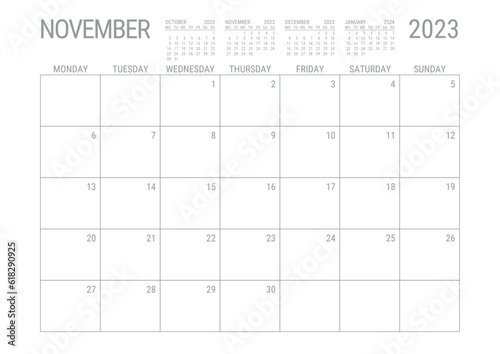 November Calendar 2023 Monthly Planner Printable A4 Monday Start