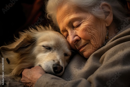 An elderly woman tenderly holding a sleeping puppy. Generative AI