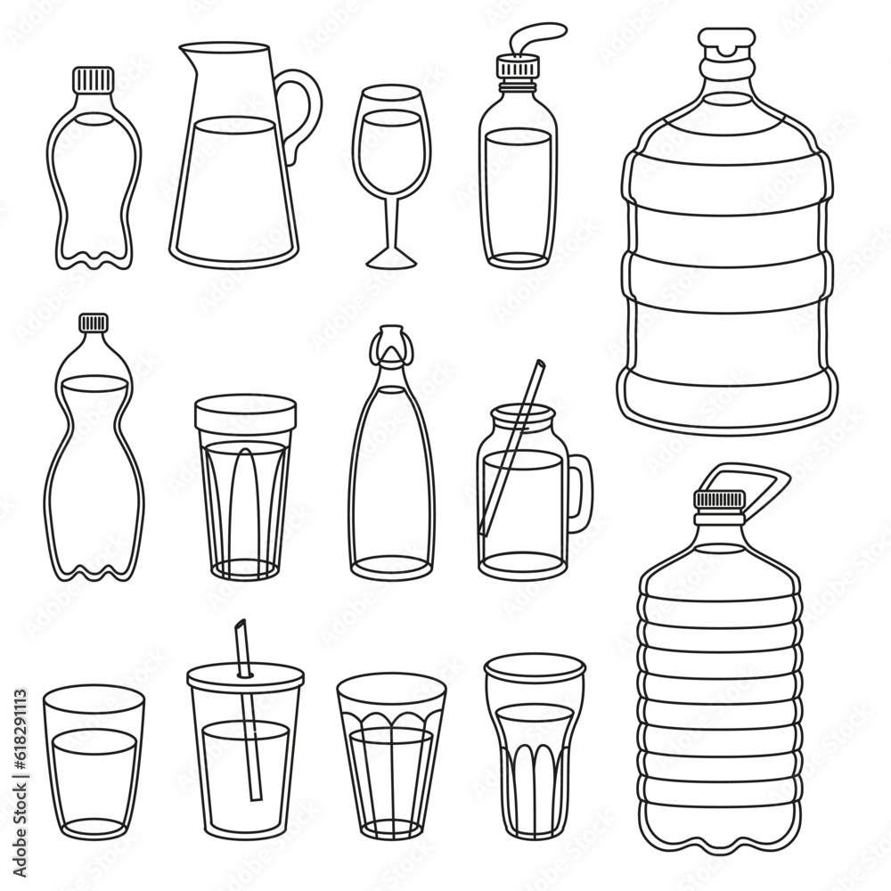 Set of vector water containers, glasses, glass bottles, plastic bottles. Set of vector water containers, glasses, glass bottles, plastic bottles.