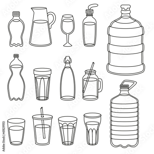 Set of vector water containers, glasses, glass bottles, plastic bottles.