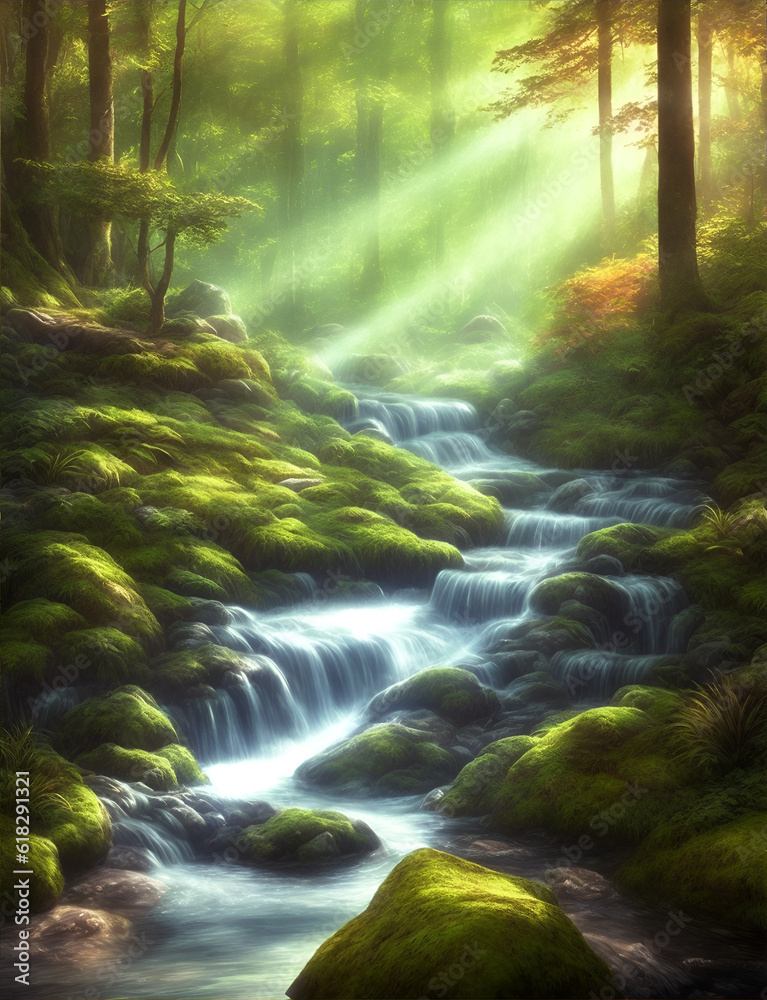 Fototapeta premium Morning forest landscape. AI generated illustration