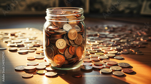 saving money with putting coins in piggy bank