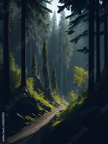 Morning forest landscape. AI generated illustration