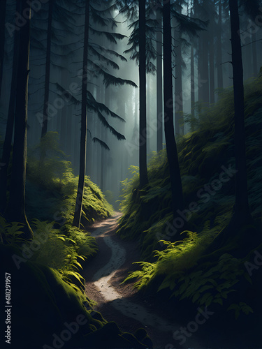 Morning forest landscape. AI generated illustration