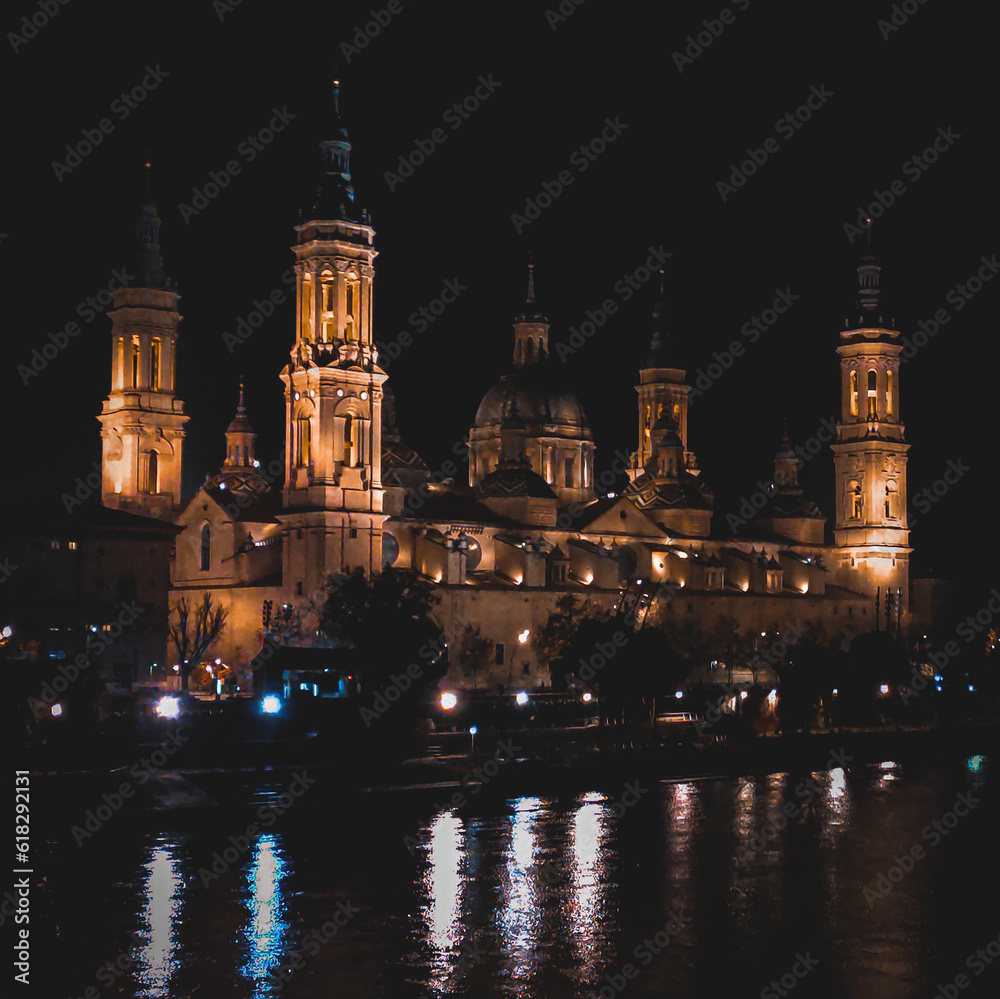 Catedral-Basílica de Nuestra Señora del Pilar at night, Zaragoza, Spain