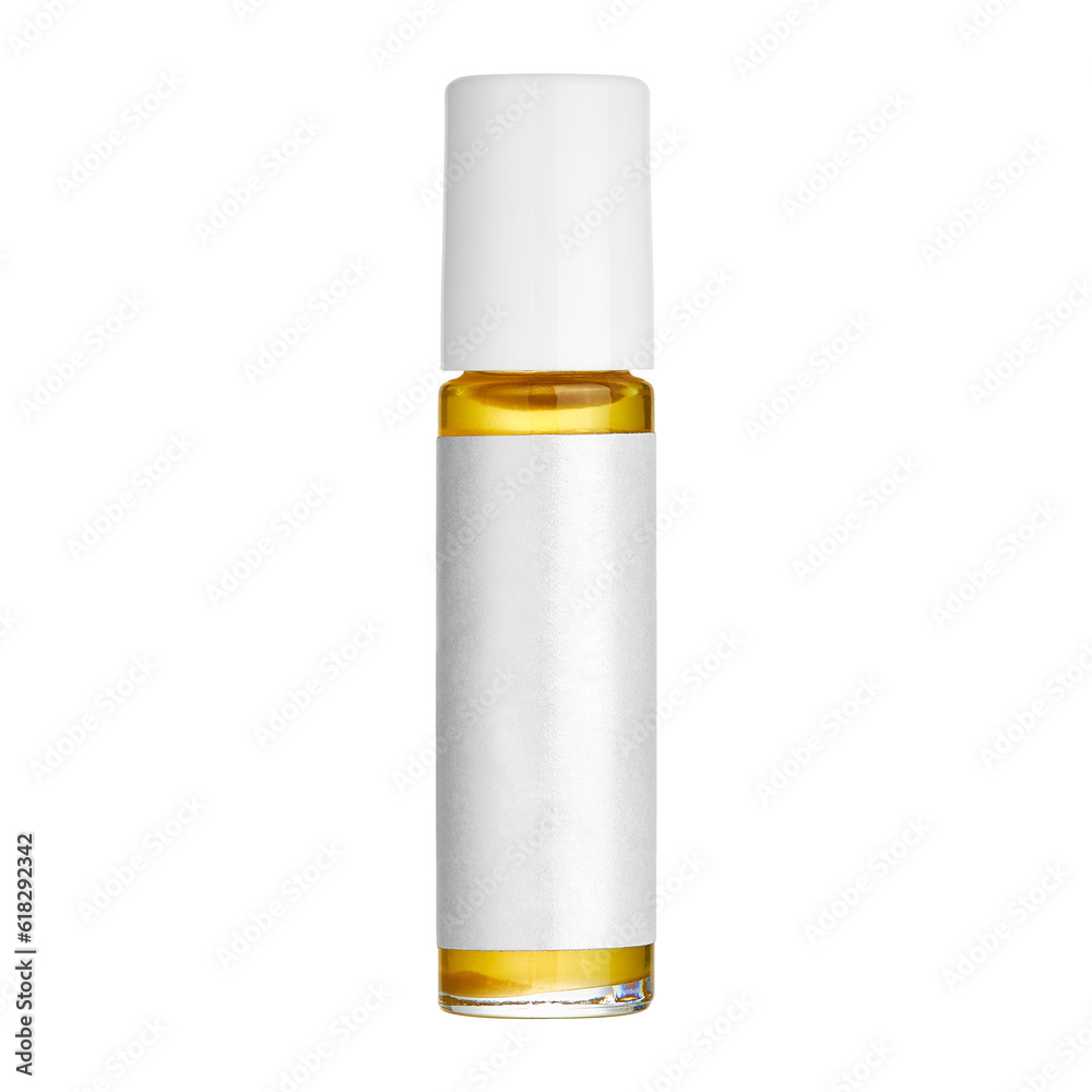 Transparent glass roll on vial filled with golden serum, essential oil or natural perfume. White, glossy lid on isolated background Transparent glass roll on vial filled with golden serum, essential oil or natural perfume. White, glossy lid on isolated background