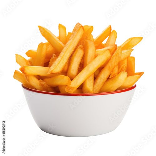 A white bowl filled with delicious french fries, fast food, white background, isolated, generative ai