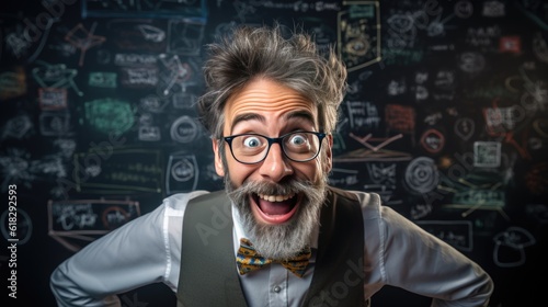 Funny teacher with funny face and glasses on blackboard background. Back to school concept. Generative AI.
