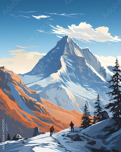 Vintage alpine winter mountains poster with editorial space. retro advertisement poster in winter with copy space.