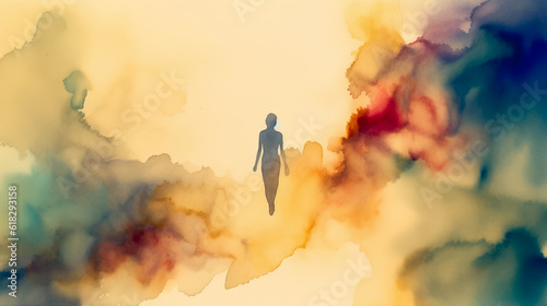 Dark silhouette of a female figure in puffs of yellow smoke. Alcohol ink. AI generated