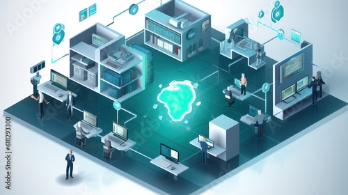 Illustrate a scene depicting robust network security measures, such as firewalls, intrusion detection systems, and encrypted communications