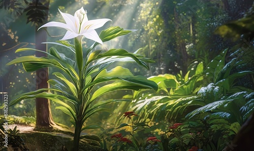  a painting of a white flower in the middle of a forest. generative ai