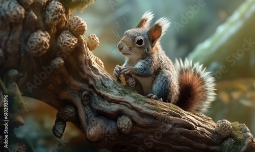  a squirrel sitting on a tree branch with a nut in its mouth. generative ai