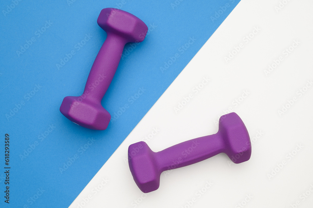 The layout of two rubberized dumbbells of 2 kg of purple color on a blue-white background, top view. Sports training The layout of two rubberized dumbbells of 2 kg of purple color on a blue-white background, top view. Sports training