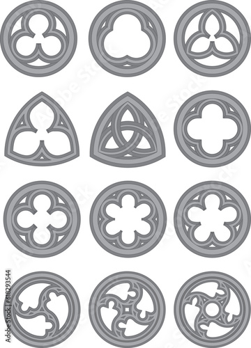 Gothic rose window stained glass illustration collection, circle shape on isolated background. Round frames set. Window pattern