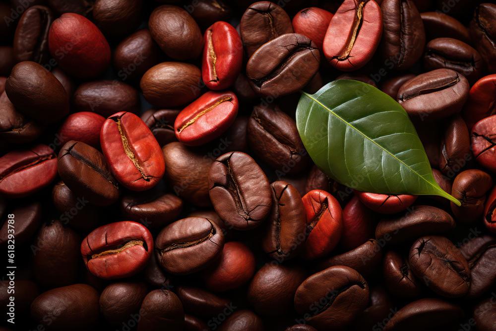 Top view of large roasted coffee beans and green leaf. Coffee wallpaper, texture background with
