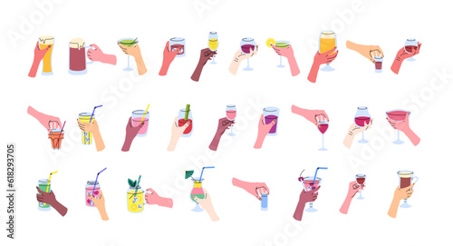 Vector hands holding glasses with alcohol and non alcohol drinks set. Doodle hands of different skin color holding glasses filled with beverages. Vodka, whiskey, rum, beer and wine vessels