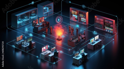 Illustrate a scene depicting robust network security measures, such as firewalls, intrusion detection systems, and encrypted communications