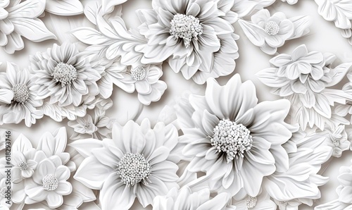  a bunch of white flowers on a white background with a lot of flowers on it's sides and a lot of leaves on the top of the petals.  generative ai © Olga