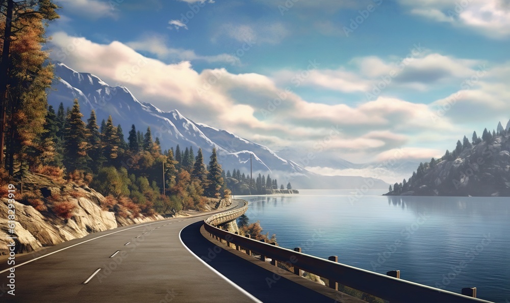  a painting of a road going through a mountain range with a body of water in the foreground and a mountain range in the background.  generative ai
