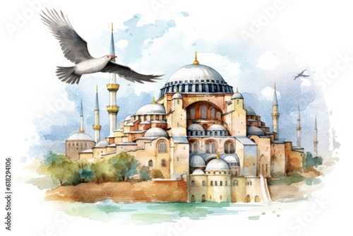 magnificent Hagia Sophia and flying seagulls. istanbul themed watercolour work.