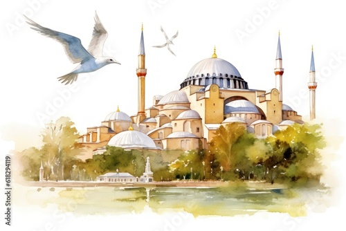magnificent Hagia Sophia and flying seagulls. istanbul themed watercolour work.