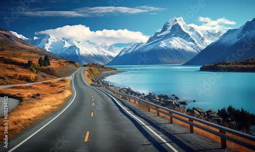  a scenic view of a road with a mountain range in the background and a body of water in the foreground with a fence in the foreground. generative ai