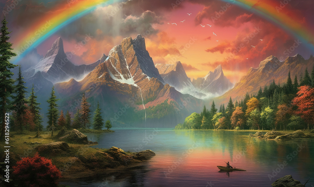  a painting of a mountain lake with a rainbow in the sky and a man in a canoe in the water in front of a mountain range.  generative ai